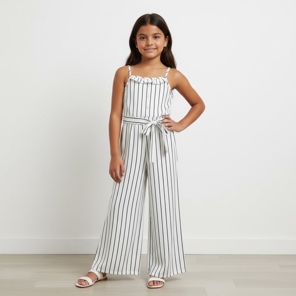 Boutique Girls Striped White and Black Sleeveless One Piece With Belt Size 6/7